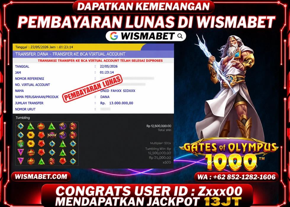 WISMABET - BUKTI KEMENANGAN JACKPOT Gates of Olympus 1000 Rp13,000,000,- LUNAS